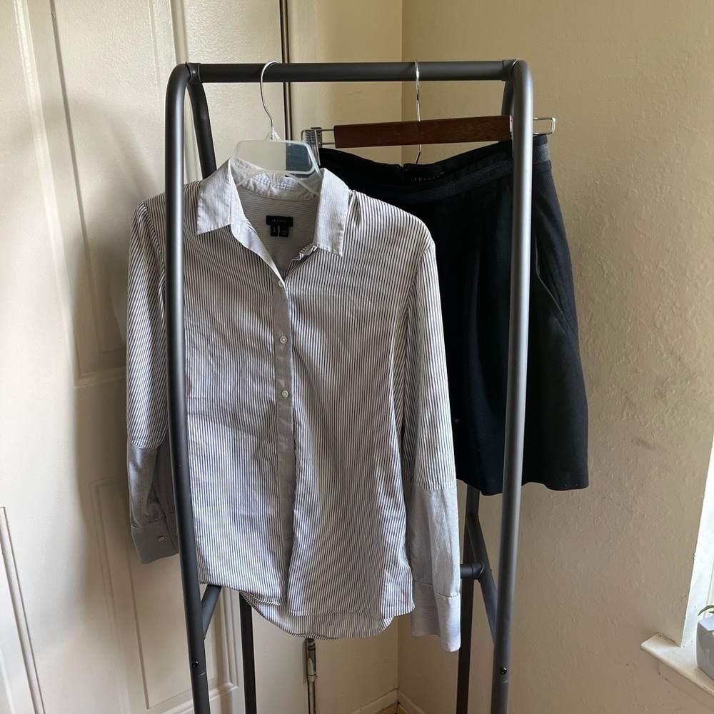 Theory button down and skirt outfit